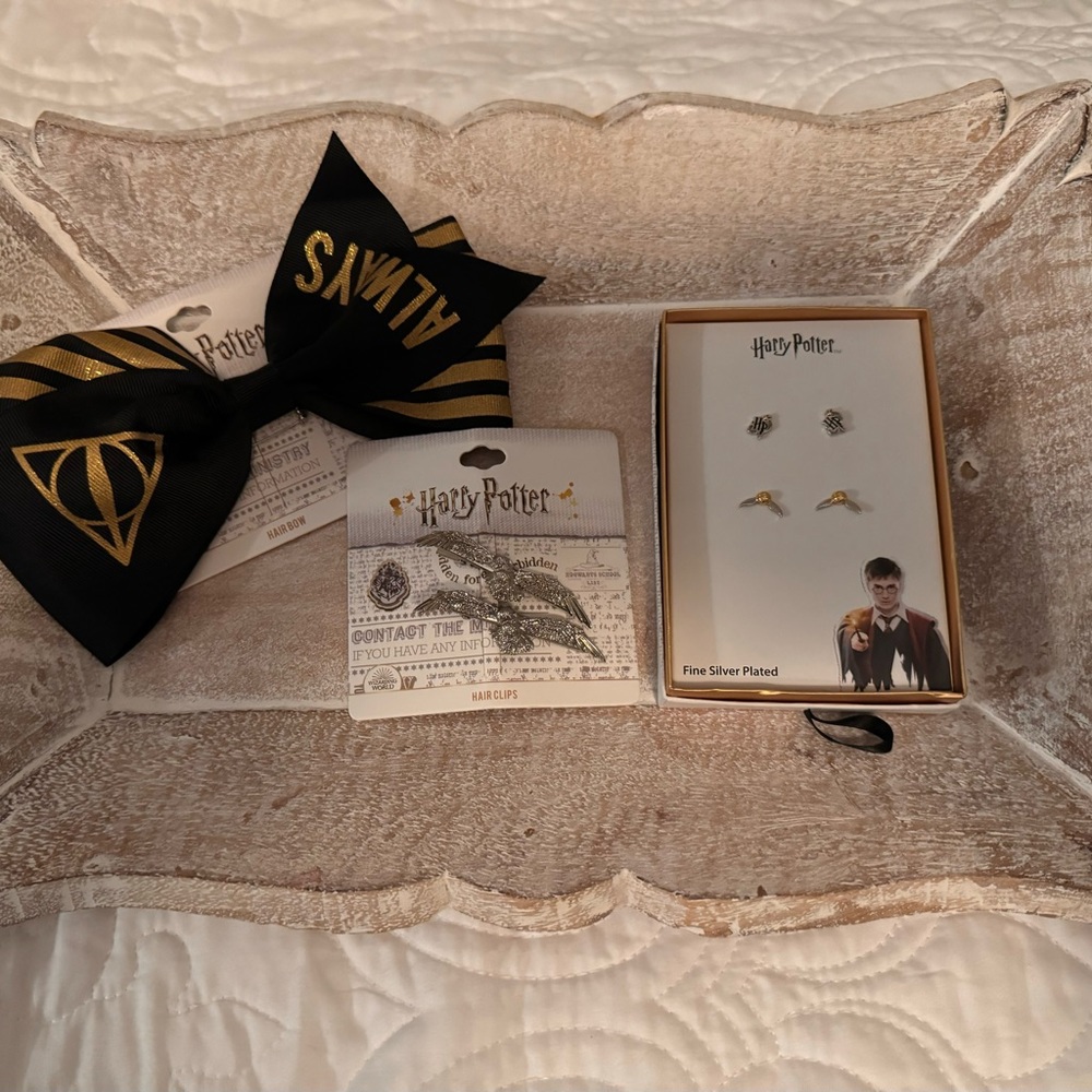 Harry Potter, hair bow, hair clips, and 2 silver plated earrings
